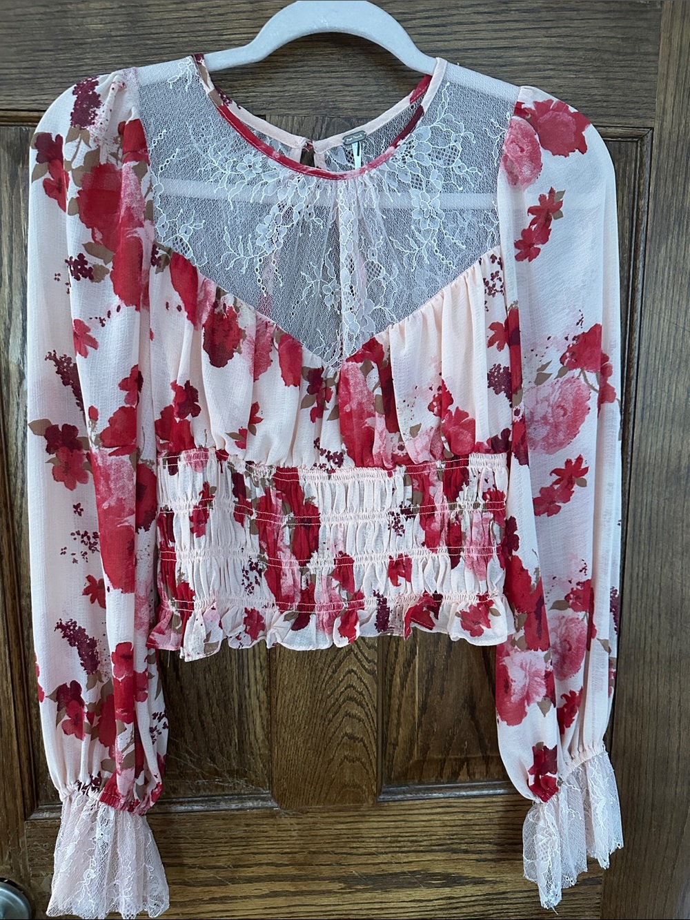 Free People Pink and Red Floral Lace-Trim Blouse
